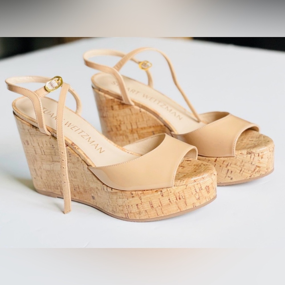Stuart Weitzman Palmina Nude Cork Wedge Sandals